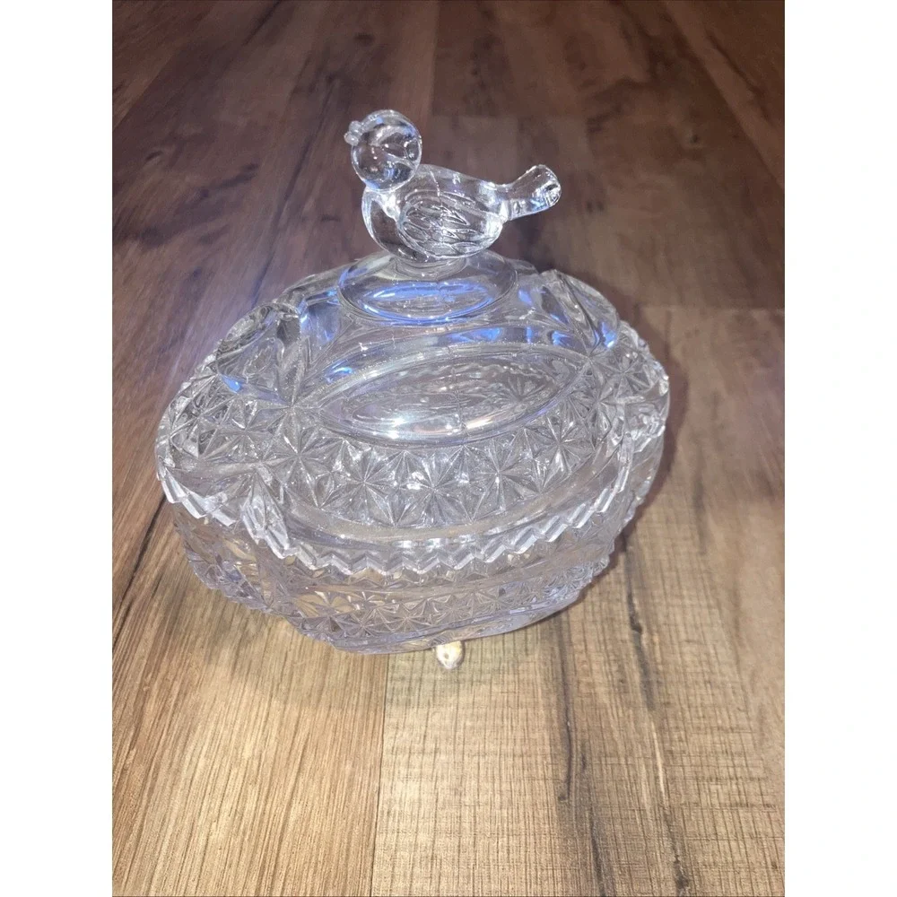 Hofbauer‎ Byrdes Crystal Covered Candy Dish Compote Footed Bird Pattern Germany